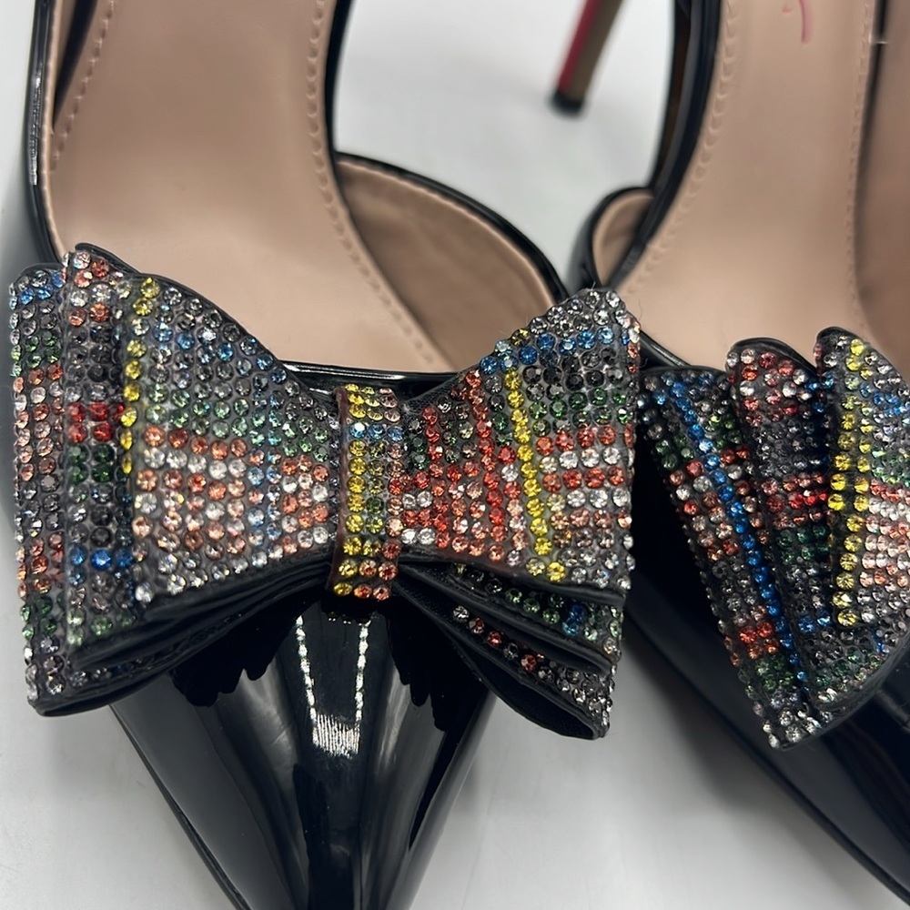 Betsey Johnson Black Patent with Red Heel and Rhinestone Bow - Picture 3 of 9